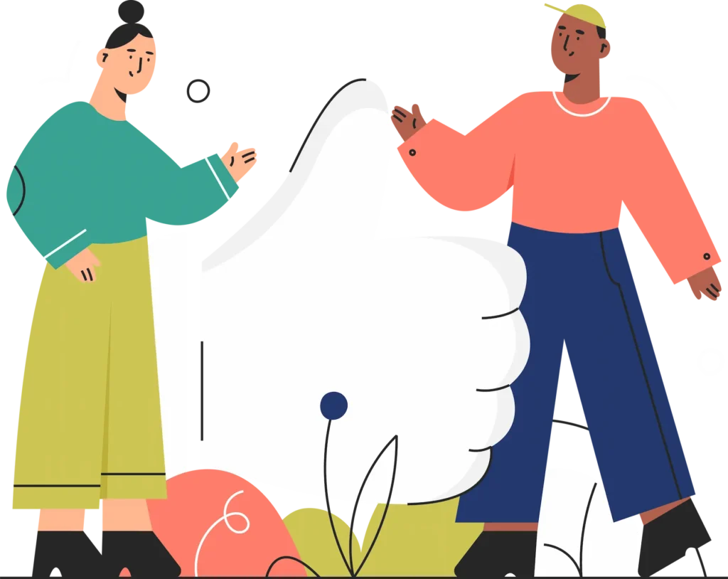 Ilustración de dos personas colaborando en un proyecto creativo, representando el trabajo en diseño web en Lima