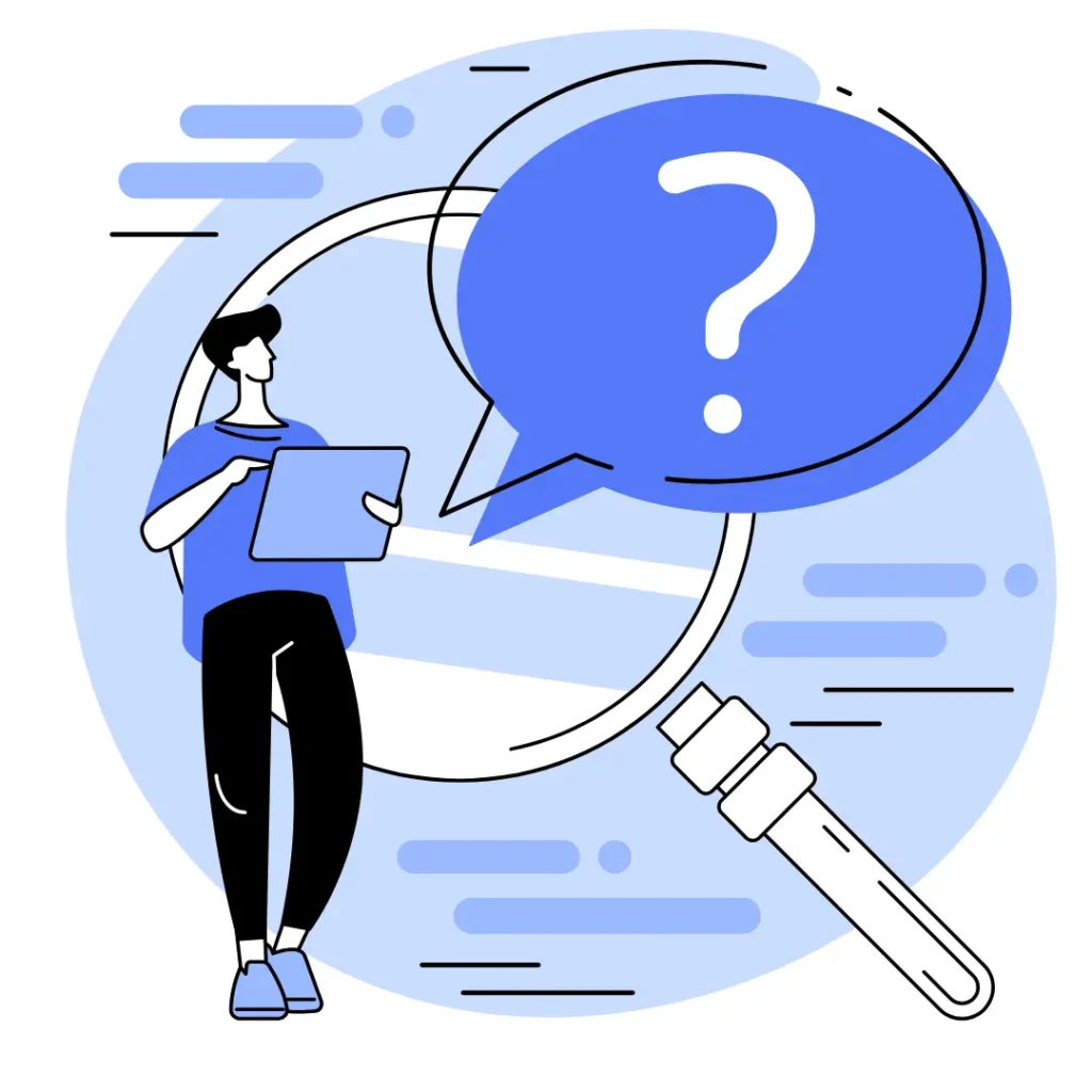 Ilustración de una persona investigando con una lupa junto a un signo de interrogación, representando dudas frecuentes sobre agencias de marketing digital en Lima.