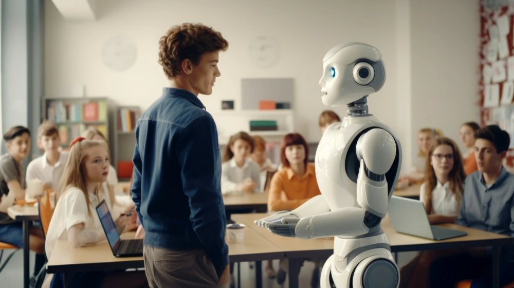 Aula moderna con tecnología avanzada o un docente interactuando con una máquina de inteligencia artificial