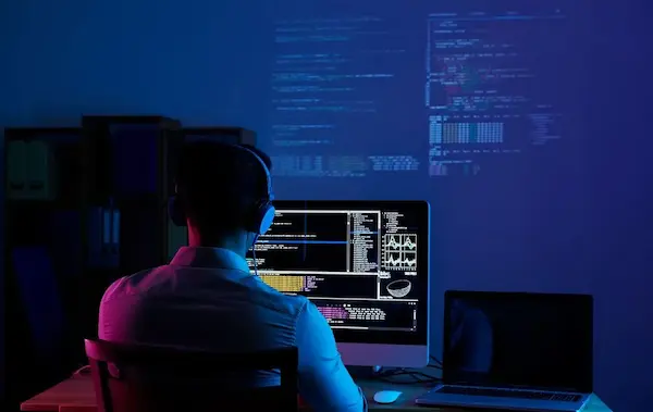 Mantenimiento de software: desarrollador revisando código en un entorno oscuro.