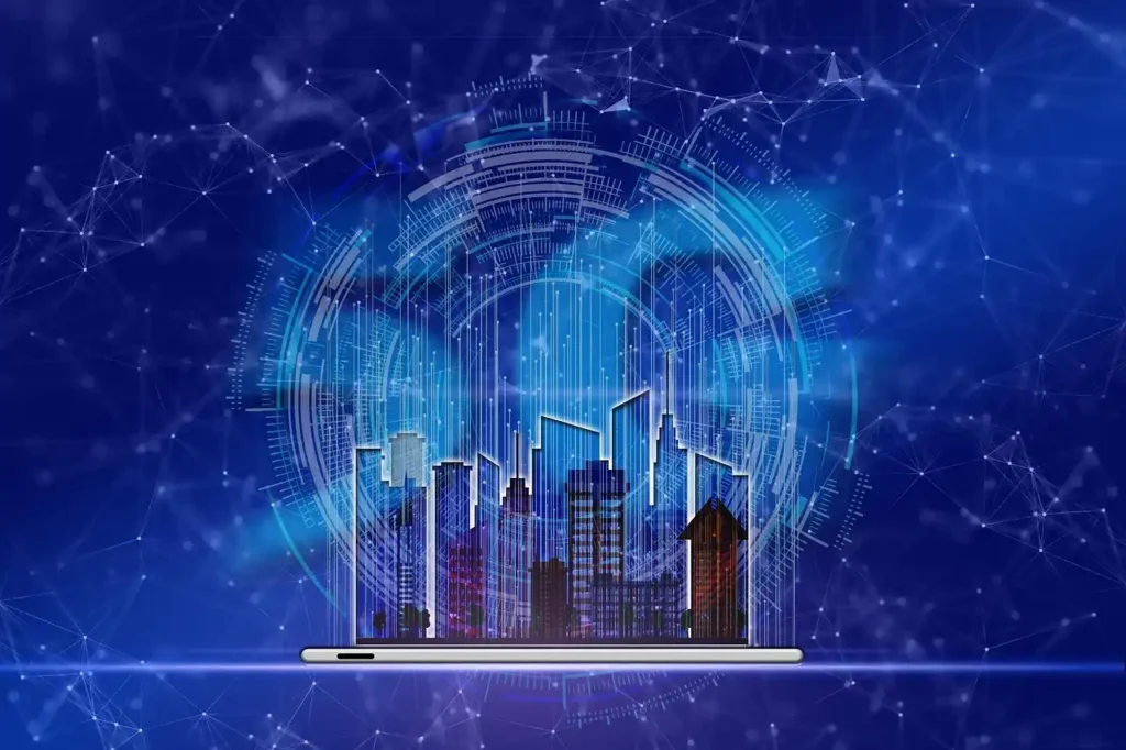Representación visual de una ciudad conectada digitalmente, con gráficos de redes de datos y tecnología 5G, mostrando el impacto de esta tecnología en la vida urbana y diaria.