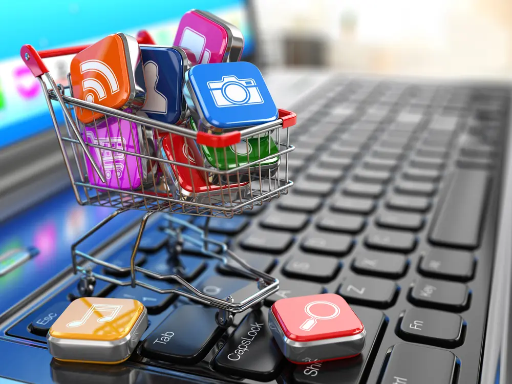 carrito de compras con diferentes herramientas de los servicios de marketing digital
