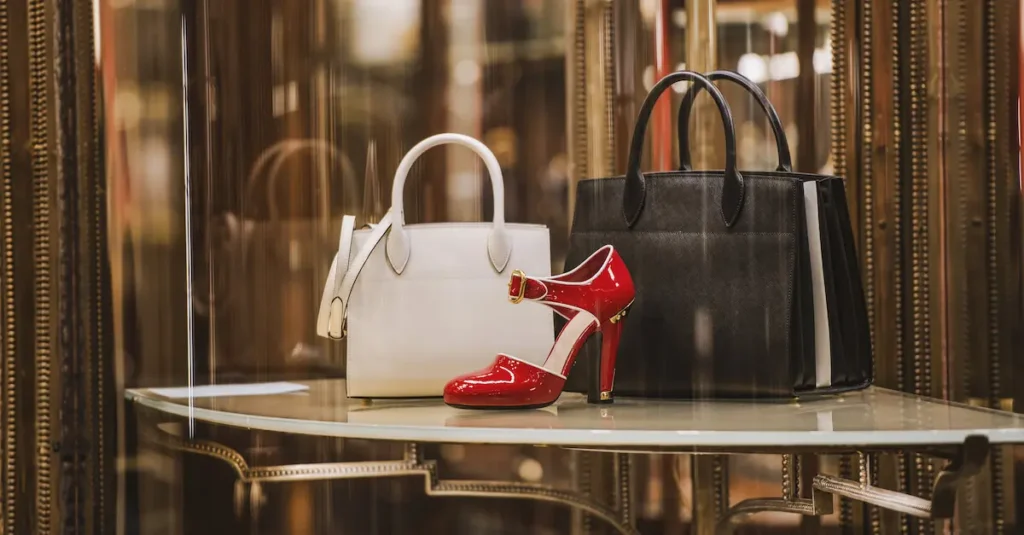 un zapato formal, unas carteras denotando elegancia y luxury branding