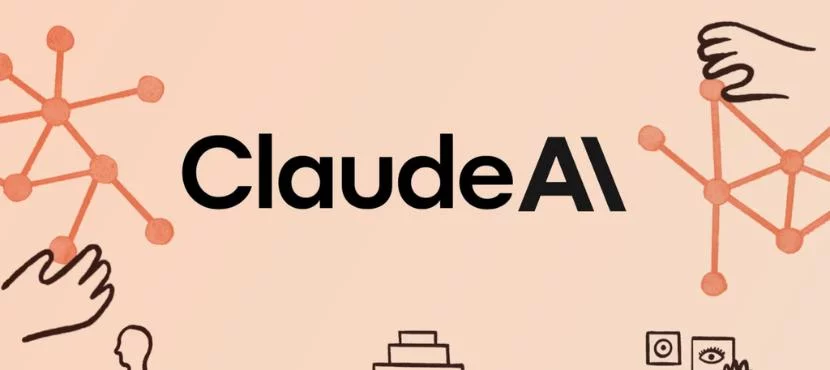 Texto Claude AI con ilustraciones de conexiones y manos sobre fondo beige