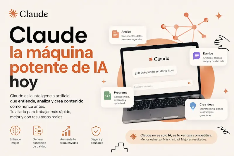 Diseño promocional de Claude con interfaz en laptop y texto sobre inteligencia artificial en fondo claro