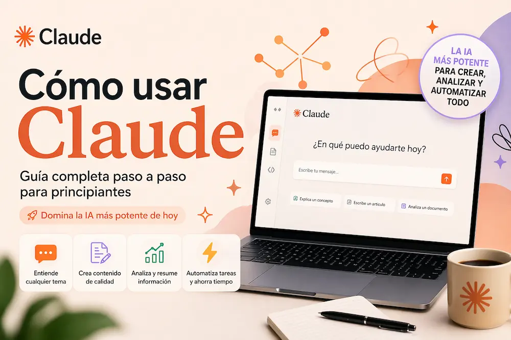 Portada de blog sobre cómo usar Claude con laptop mostrando su interfaz y elementos gráficos de inteligencia artificial