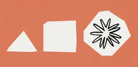 Figuras geométricas blancas sobre fondo naranja con un dibujo abstracto en una de ellas