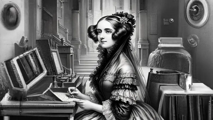 Representación en blanco y negro de Ada Lovelace escribiendo junto a máquinas antiguas