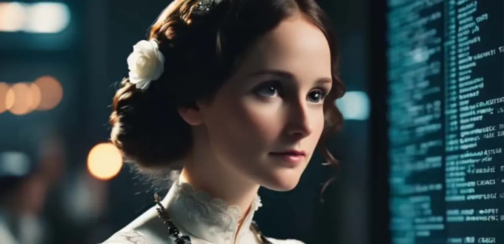 Representación generada por IA de Ada Lovelace frente a una pantalla con código