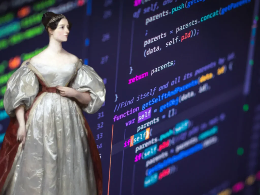 Representación de Ada Lovelace junto a una pantalla con código de programación