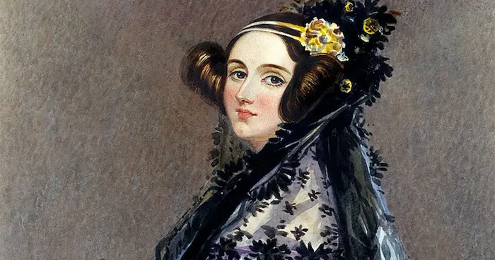 Retrato ilustrado de Ada Lovelace con vestido oscuro y tocado floral